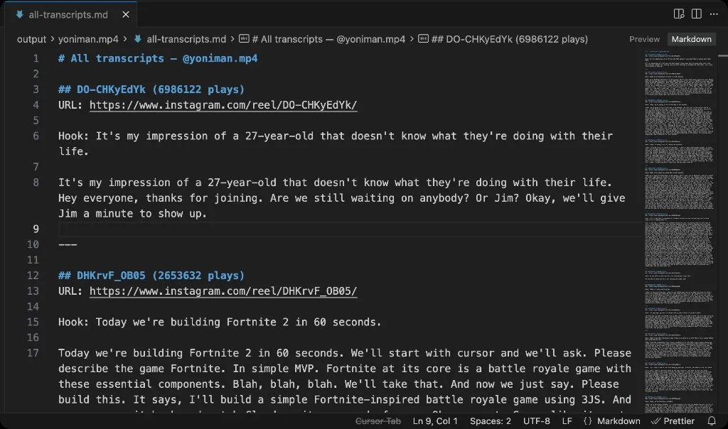 all-transcripts.md in Cursor with hooks and play counts for @yoniman.mp4