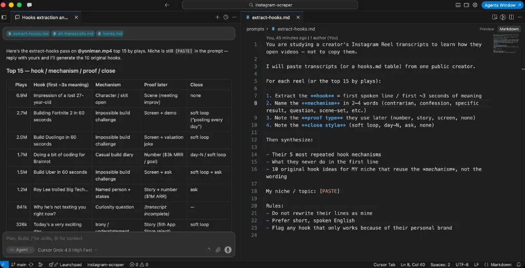 Cursor extracting hook mechanisms from Yoniman transcripts with the extract-hooks prompt