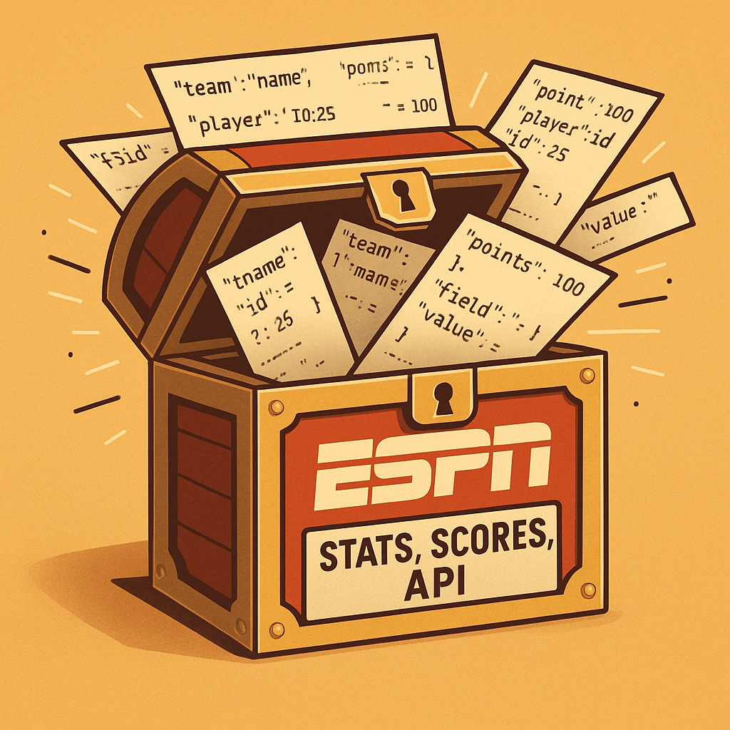 Treasure chest with ESPN logo bursting open, spilling free sports data in JSON format labeled Stats, Scores, API.