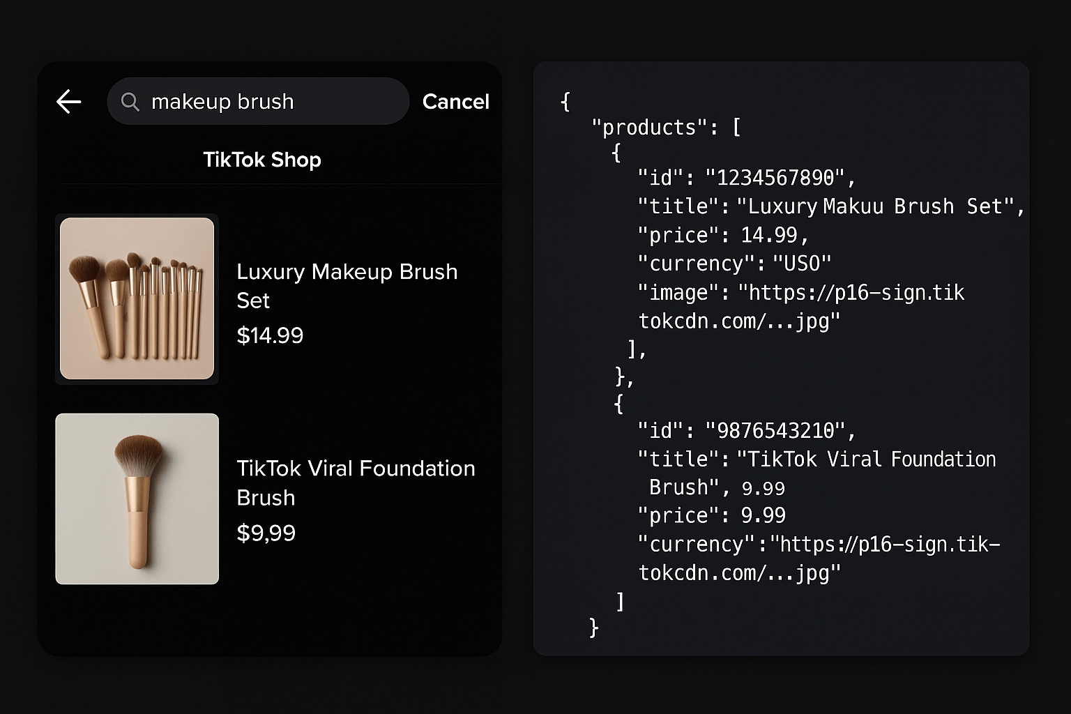 image of tiktok shop searching for makeup brush and the json representation of that search on the right