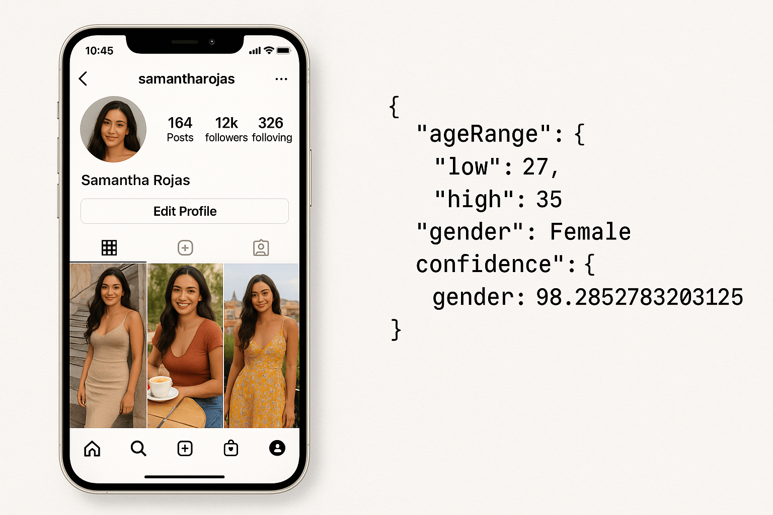 Image of Instagram profile on left and the json of their age and gender on right
