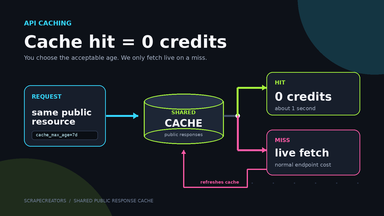 Flowchart showing a shared API cache hit costing zero credits and a cache miss triggering a live fetch