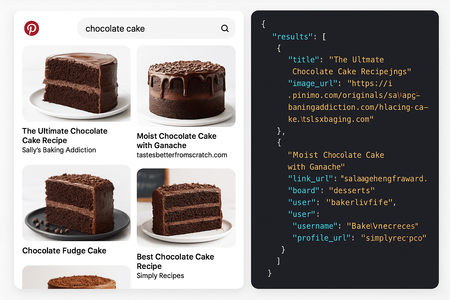 Image with pinterest search of chocolate cake on the left and the json representation on the right