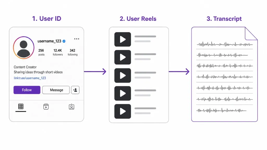 Pipeline diagram: Instagram profile to user ID, user ID to list of reels, reels to transcript text
