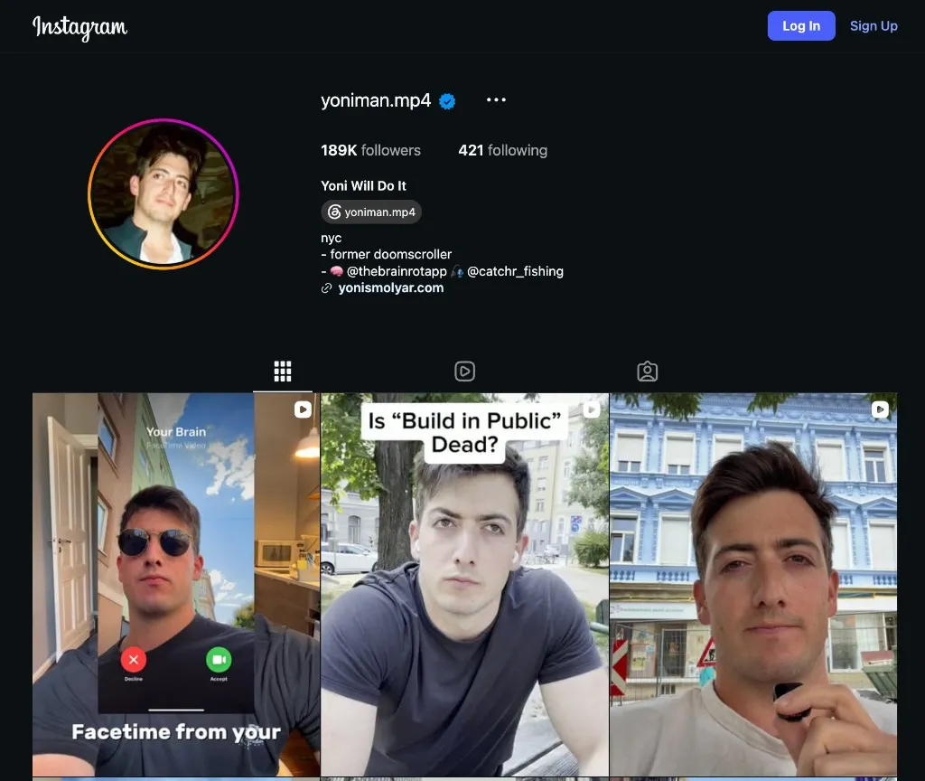 yoniman.mp4 Instagram profile with Reels grid